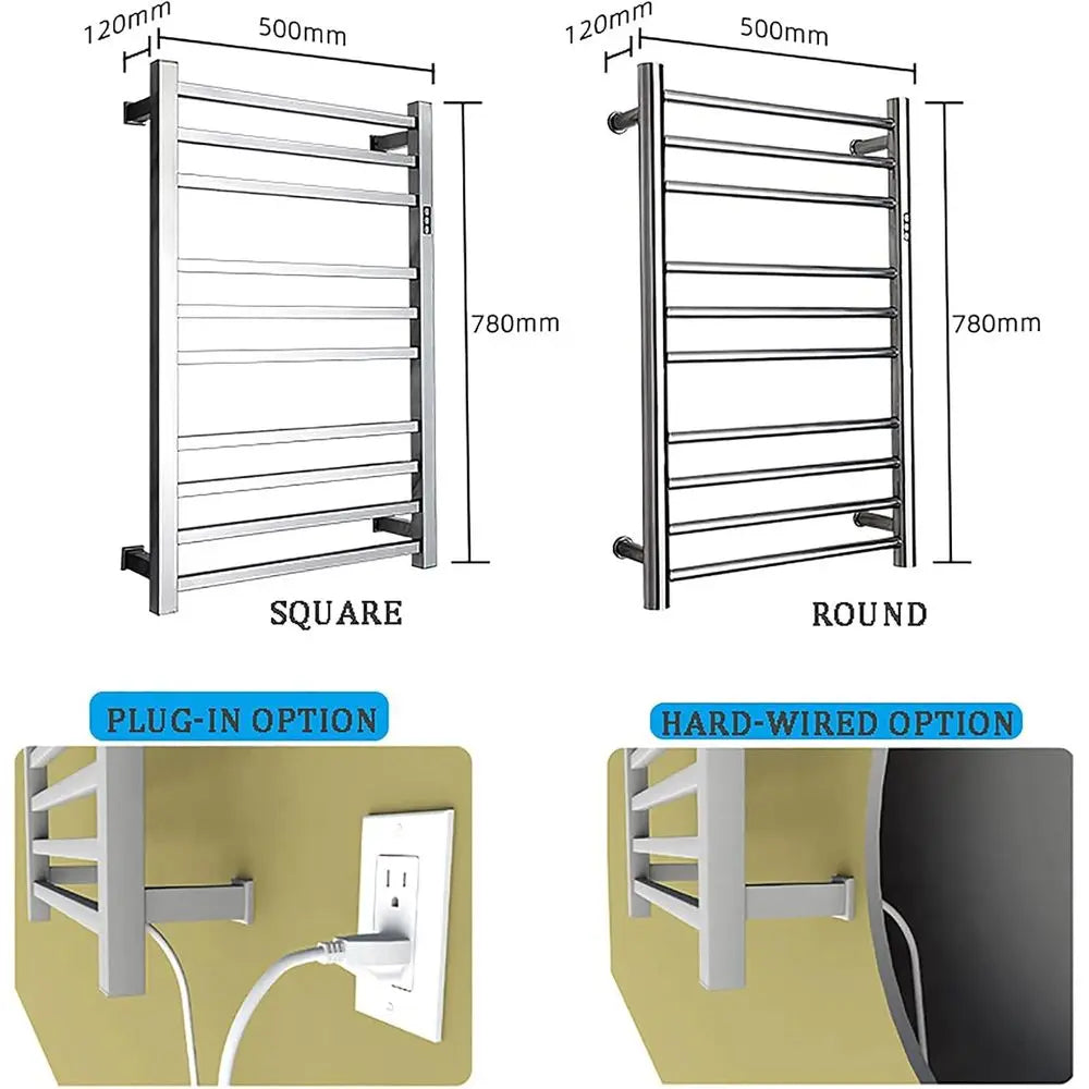 Electric Towel Warmer,with Timer Wall Mounted 10 Bars Smart Electric Towel Rack Stainless Steel Heated Towel Rails 88W Low Power