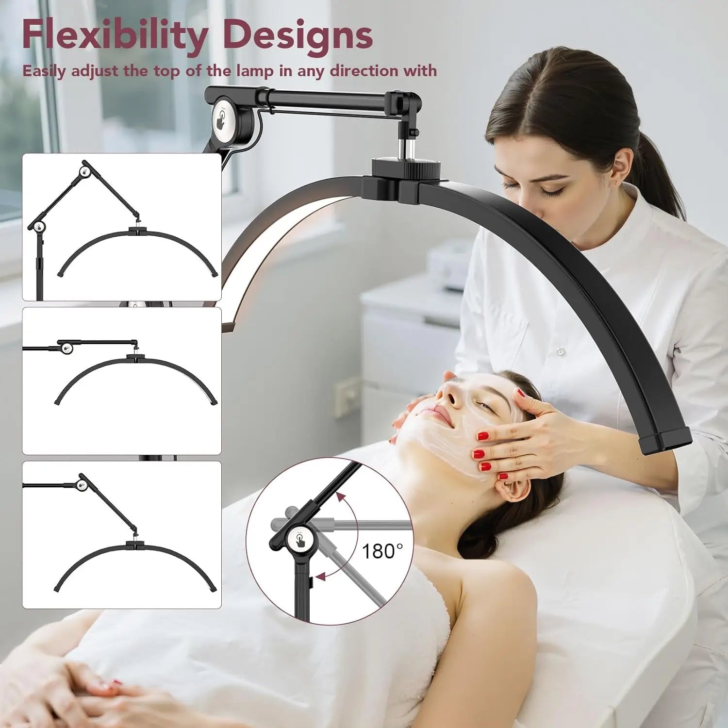 Adjustable Half Moon Lash Lamp with Phone Holder, 57"-80" Height, 360° Rotating for Eyelash Tech & Tattoo