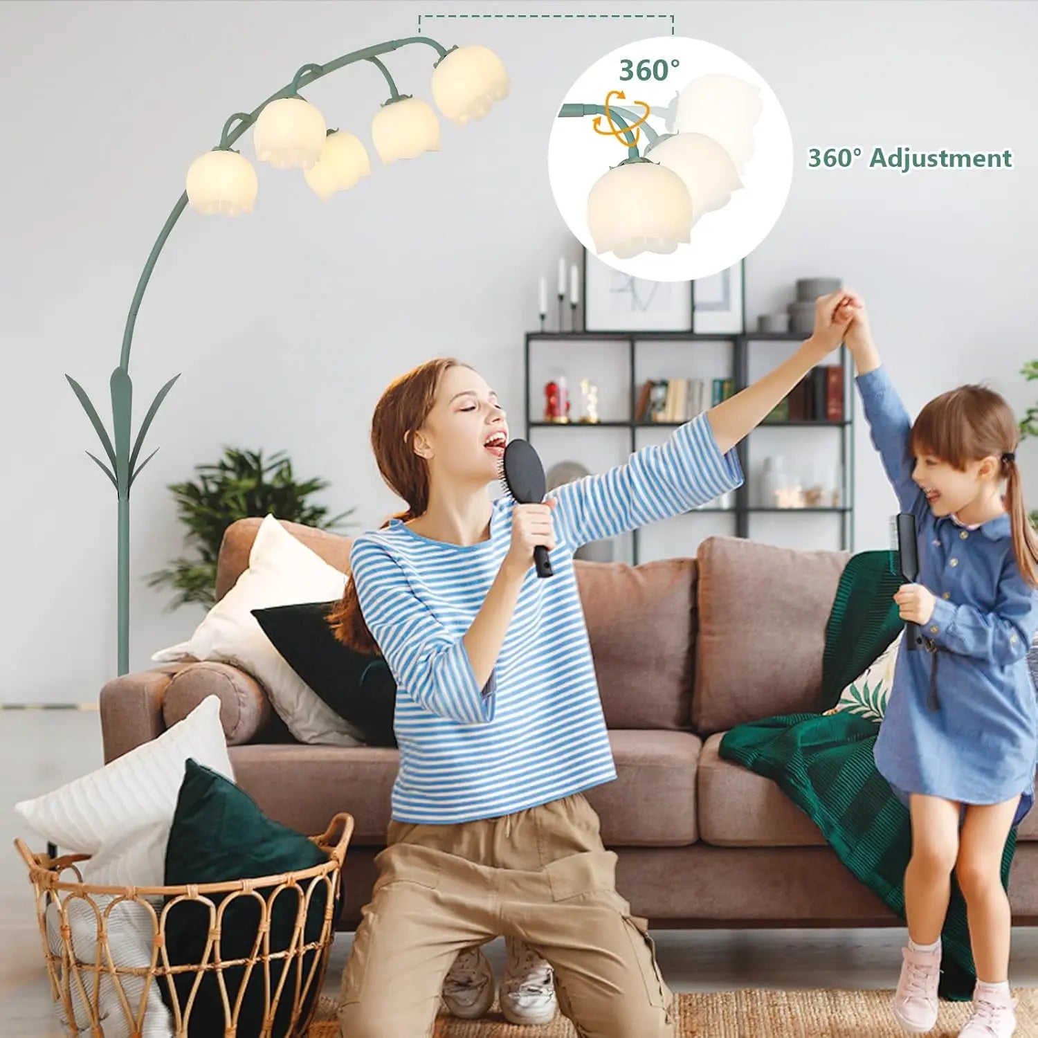 Elegant Arc Floor Lamp with Floral Design, Includes 5 LED Bulbs and Foot Switch for Living Room or Bedroom