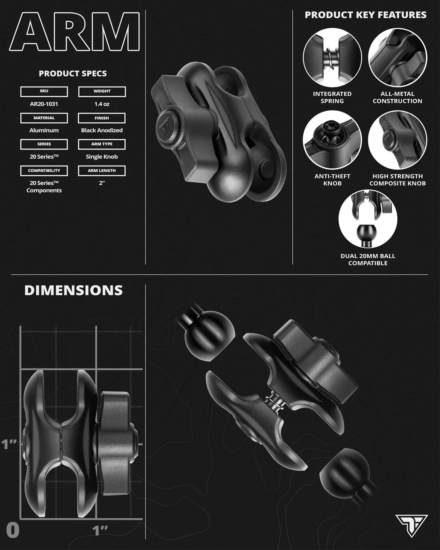 BLACK 20 SERIES 2" LONG SINGLE ANTI-THEFT KNOB ARM