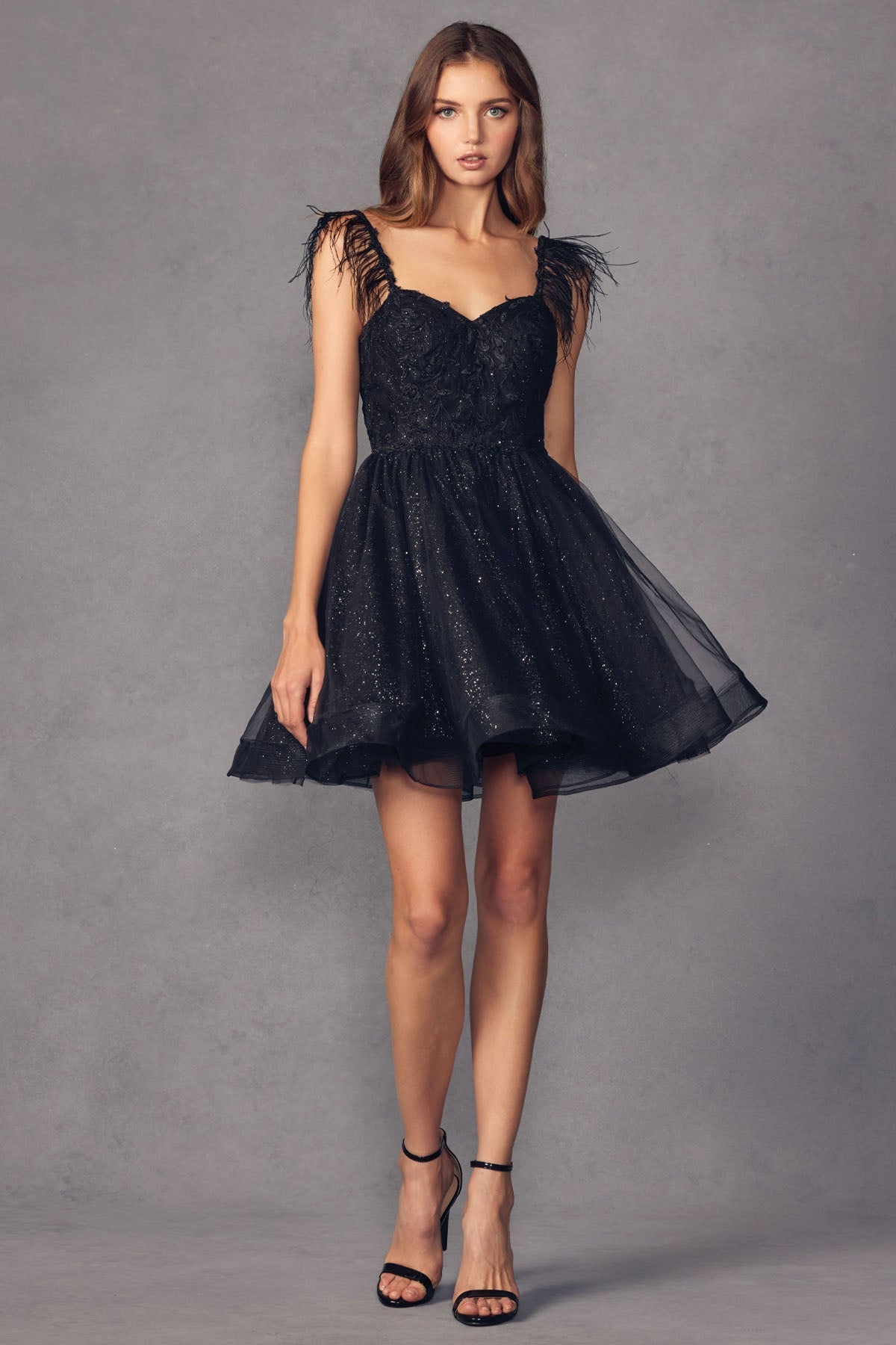 Feather Straps Sheer Bodice Short Cocktail &amp; Homecoming Dress JT881