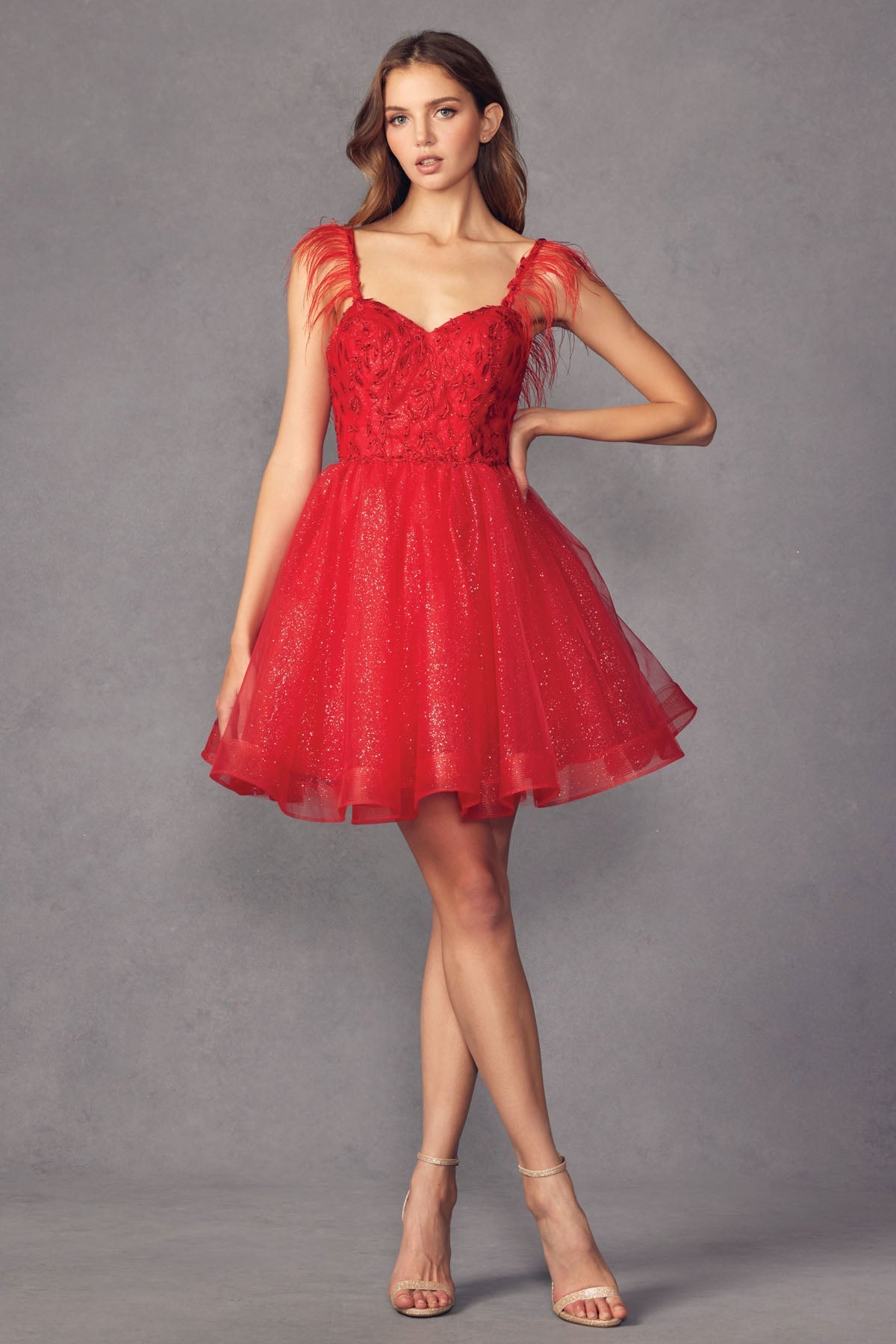 Feather Straps Sheer Bodice Short Cocktail &amp; Homecoming Dress JT881
