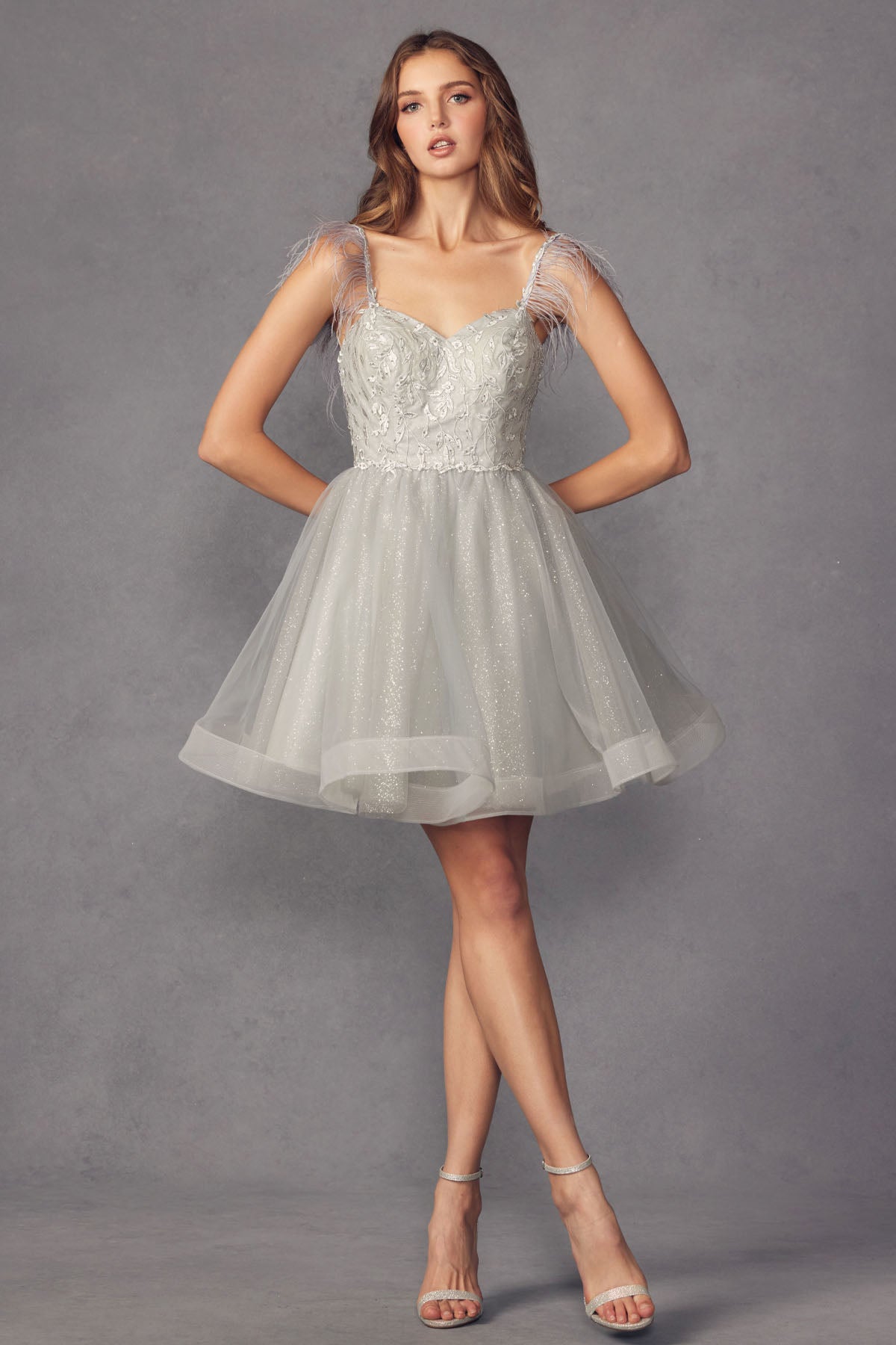 Feather Straps Sheer Bodice Short Cocktail &amp; Homecoming Dress JT881