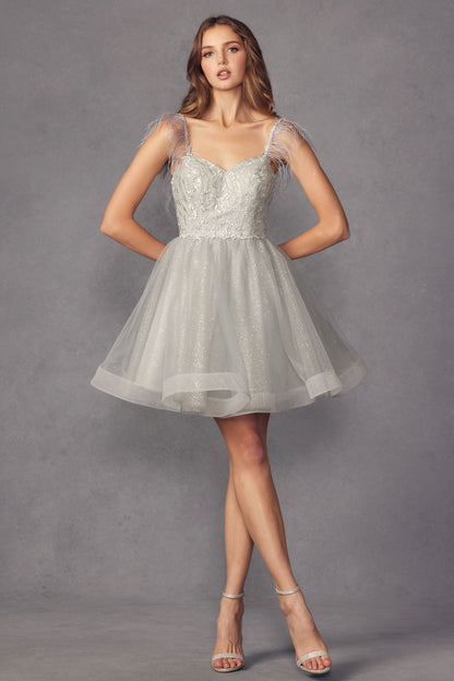 Feather Straps Sheer Bodice Short Cocktail &amp; Homecoming Dress JT881