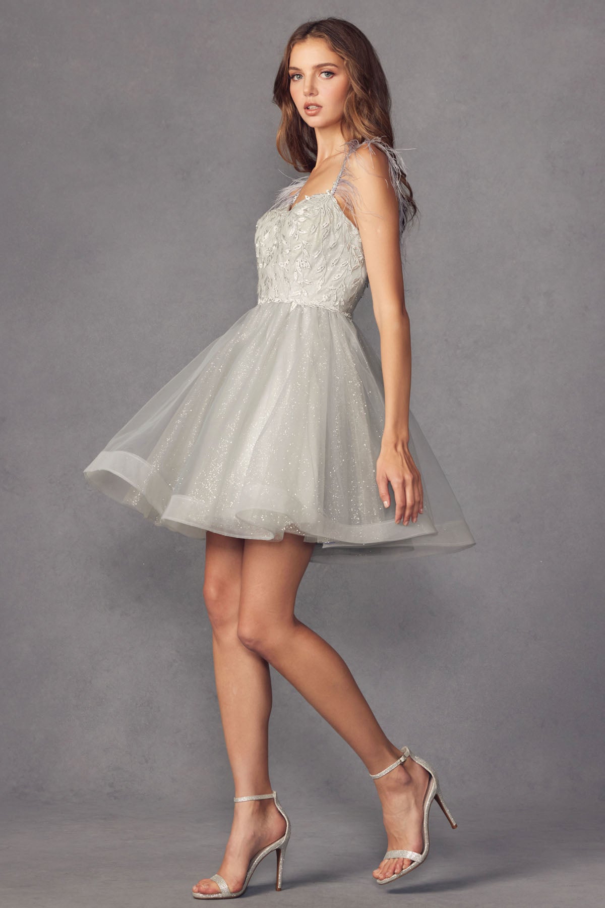 Feather Straps Sheer Bodice Short Cocktail &amp; Homecoming Dress JT881
