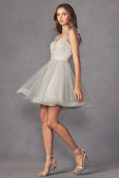 Feather Straps Sheer Bodice Short Cocktail &amp; Homecoming Dress JT881
