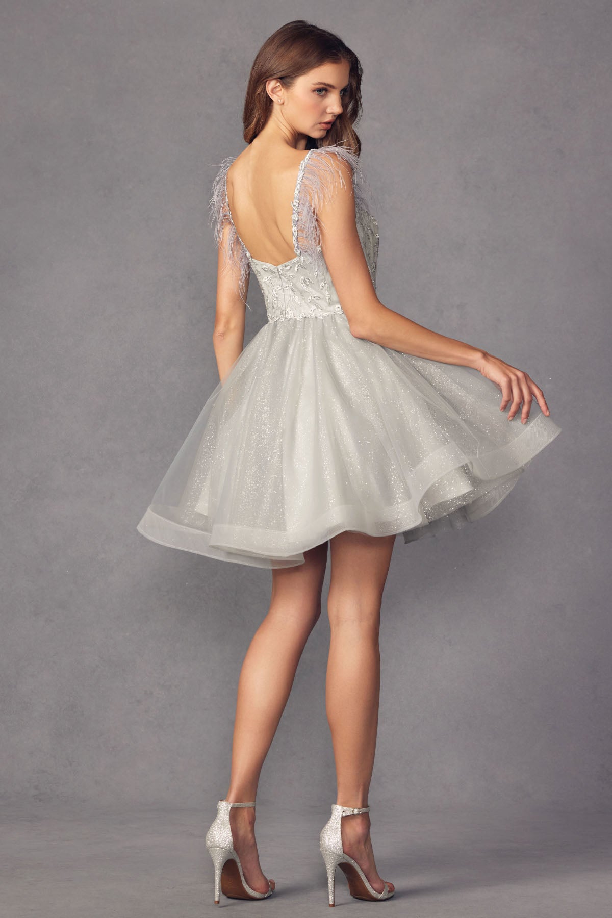 Feather Straps Sheer Bodice Short Cocktail &amp; Homecoming Dress JT881
