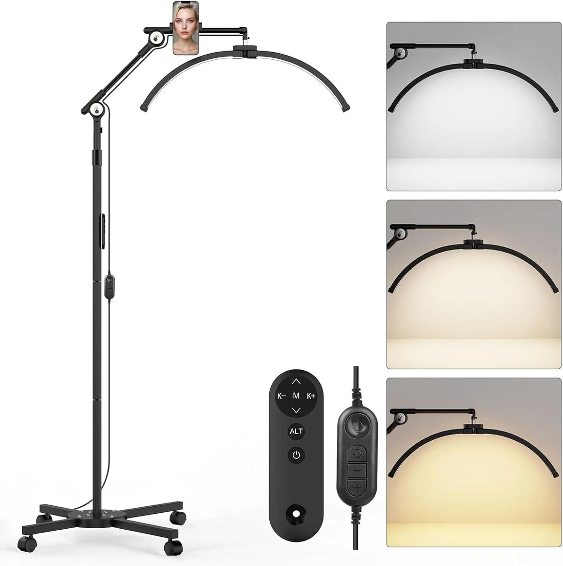 Adjustable Half Moon Lash Lamp with Phone Holder, 57"-80" Height, 360° Rotating for Eyelash Tech &amp; Tattoo