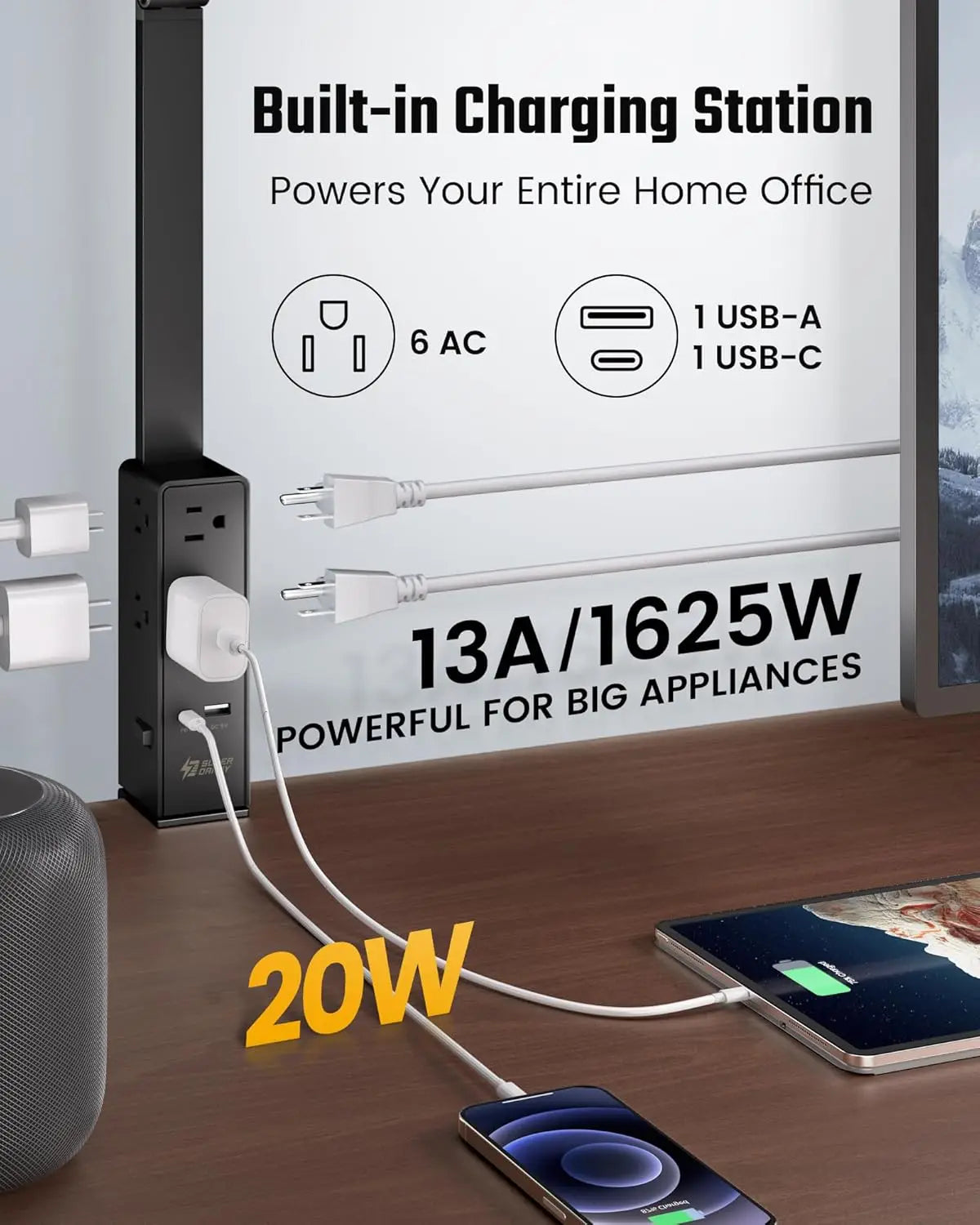 LED Desk Lamp with Power Strip, 6 Outlets &amp; USB Ports, Adjustable Clamp Light with Dimming &amp; Color Control