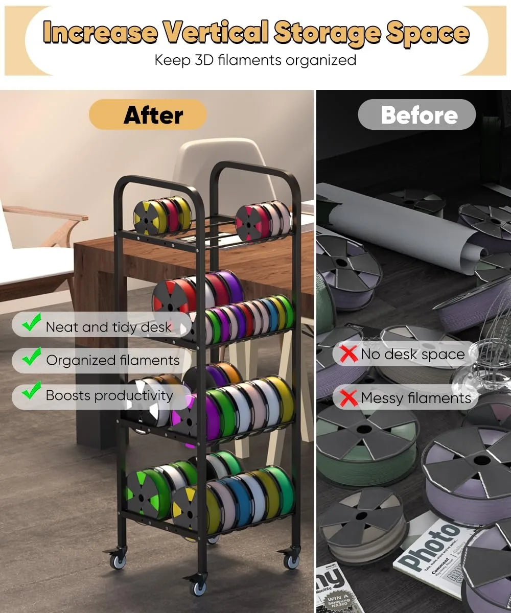 4-Tier 3D Printer Filament Storage Rack with Wheels, Holds 48x1kg Spools, Heavy Duty Metal Organizer for Workshop