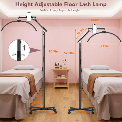 Adjustable Half Moon Lash Lamp with Phone Holder, 57"-80" Height, 360° Rotating for Eyelash Tech &amp; Tattoo