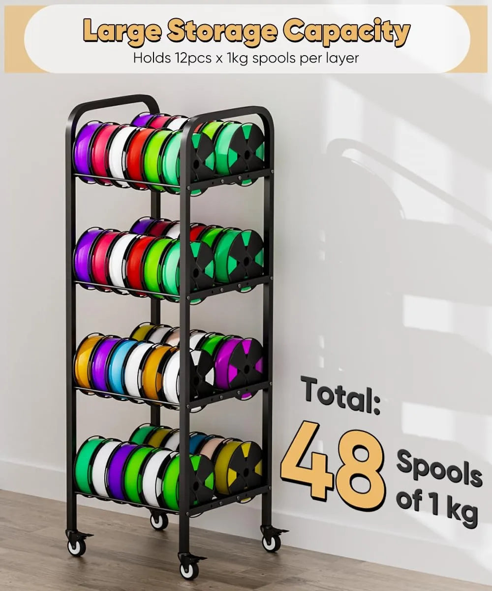 4-Tier 3D Printer Filament Storage Rack with Wheels, Holds 48x1kg Spools, Heavy Duty Metal Organizer for Workshop