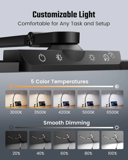 LED Desk Lamp with Power Strip, 6 Outlets &amp; USB Ports, Adjustable Clamp Light with Dimming &amp; Color Control