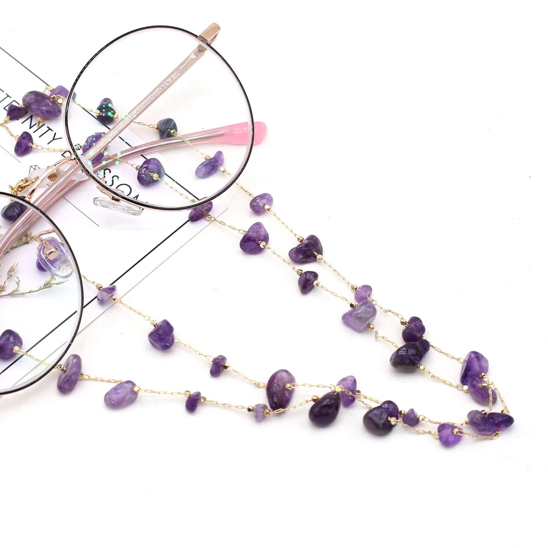 Natural Amethyst Stone Beaded Trendy Eyeglasses Chain Party Gift for Women Men Glasses Mask Rope Accessories Length 80cm