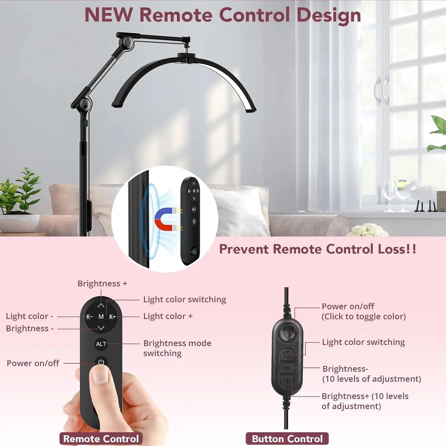 Adjustable Half Moon Lash Lamp with Phone Holder, 57"-80" Height, 360° Rotating for Eyelash Tech &amp; Tattoo