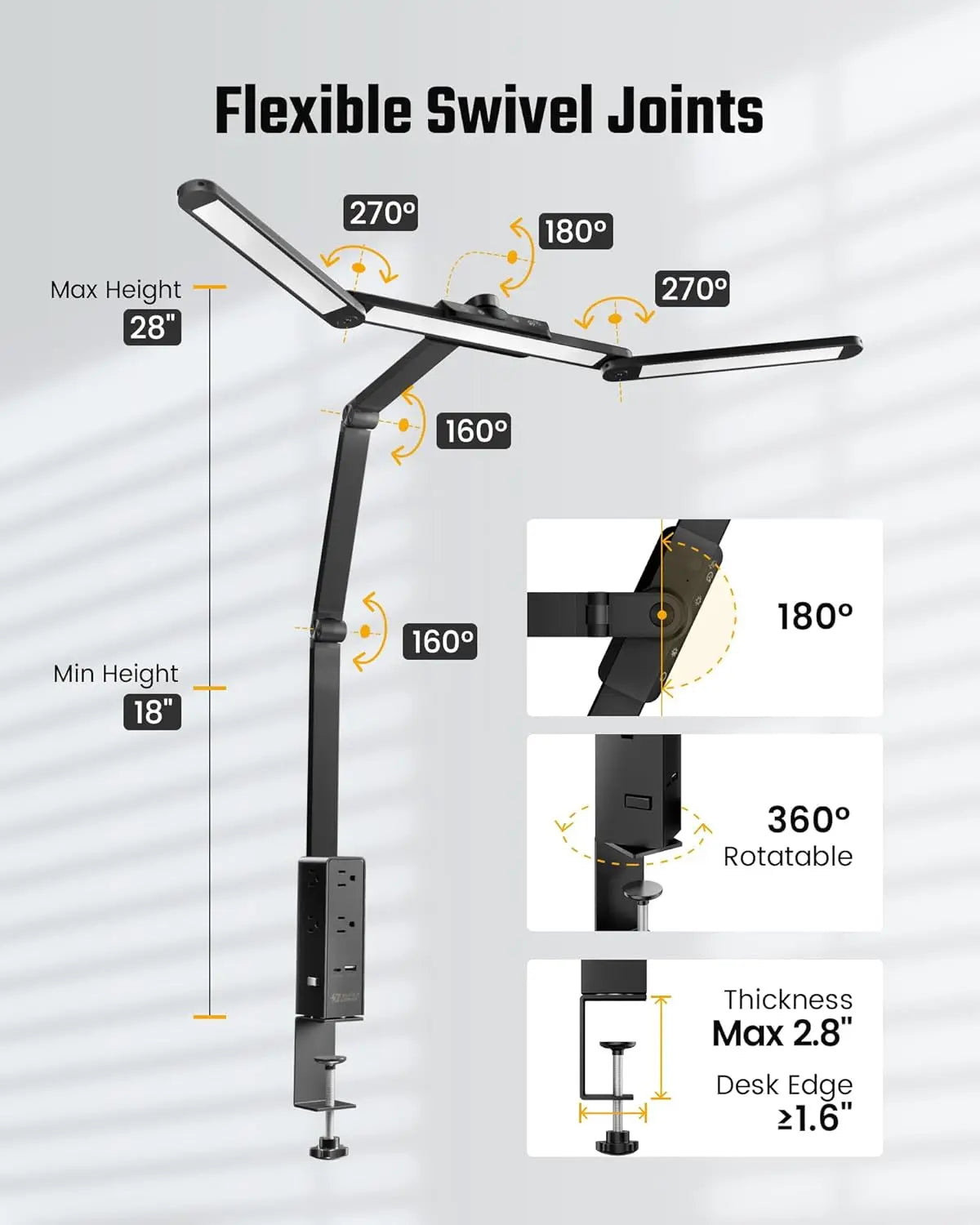 LED Desk Lamp with Power Strip, 6 Outlets &amp; USB Ports, Adjustable Clamp Light with Dimming &amp; Color Control