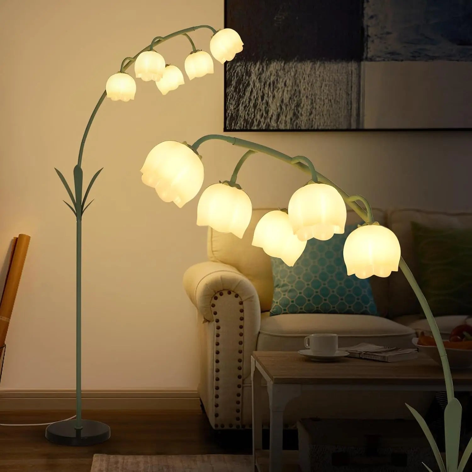 Elegant Arc Floor Lamp with Floral Design, Includes 5 LED Bulbs and Foot Switch for Living Room or Bedroom