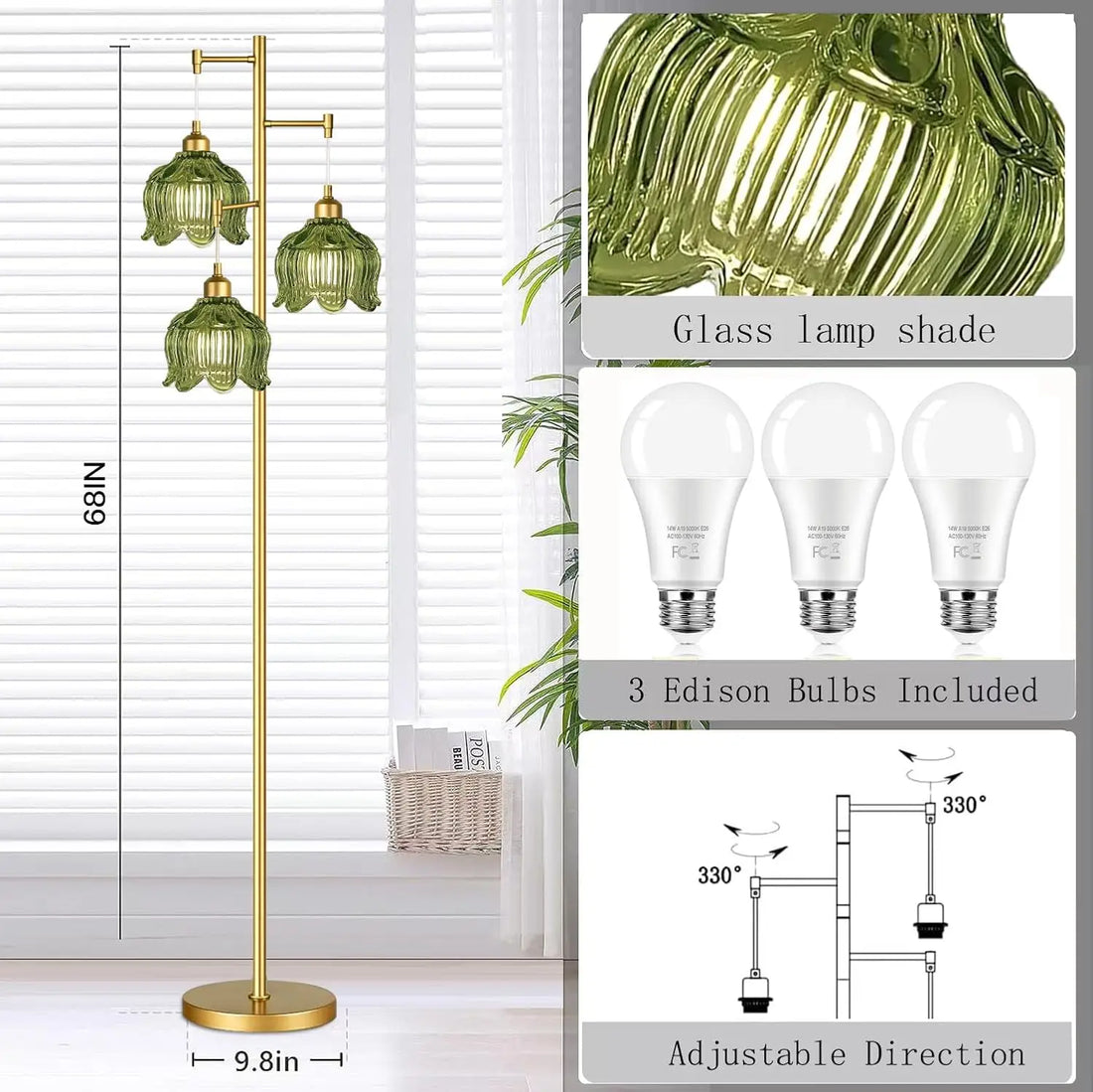 Vintage Gold Glass Floor Lamp with Green Shade, Adjustable 3-Light Tree Design for Living Room Bedroom Decor