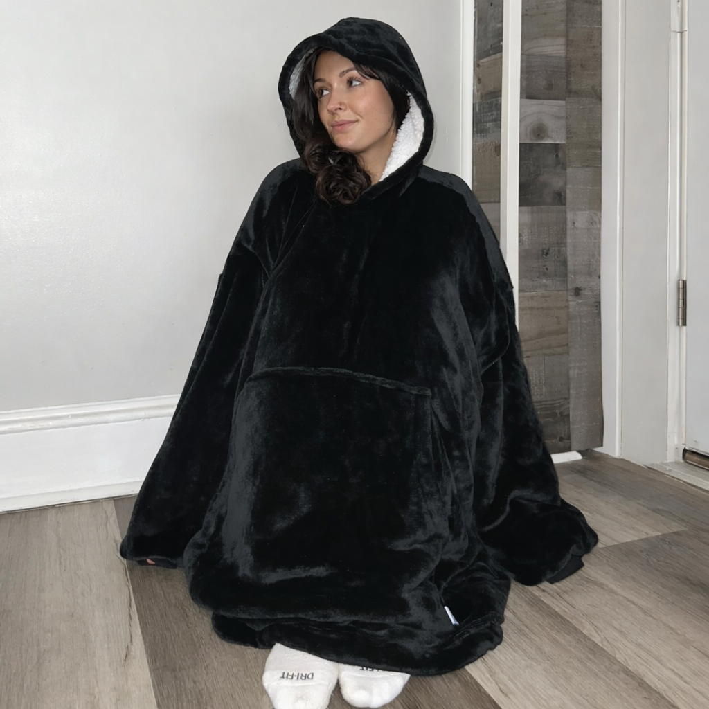 black Wearable Sherpa Blanket Hoodie oversize for Kids &amp; Adults | OLM Toys