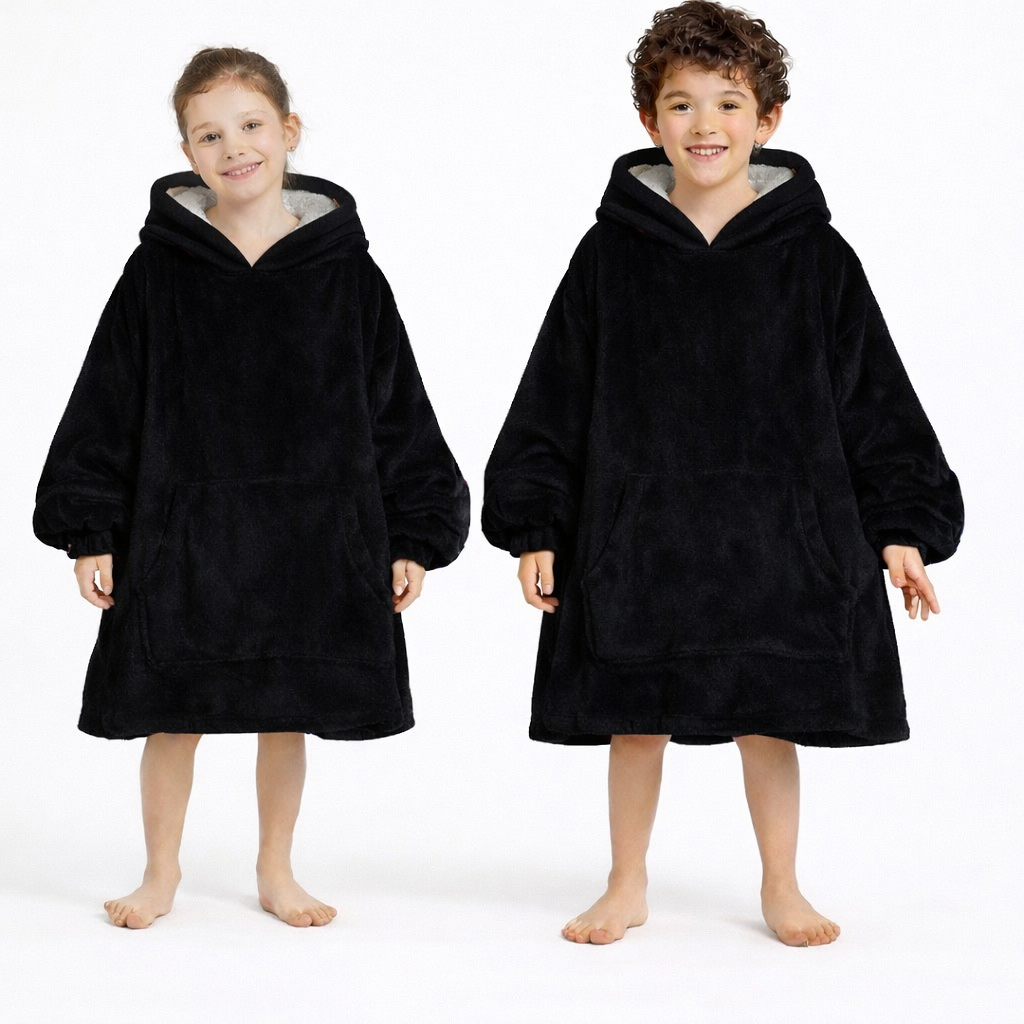 black Wearable Sherpa Blanket Hoodie oversize for Kids &amp; Adults | OLM Toys