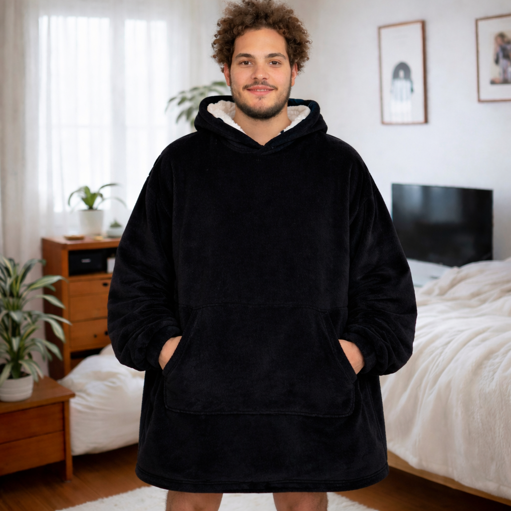 black Wearable Sherpa Blanket Hoodie oversize for Kids &amp; Adults | OLM Toys