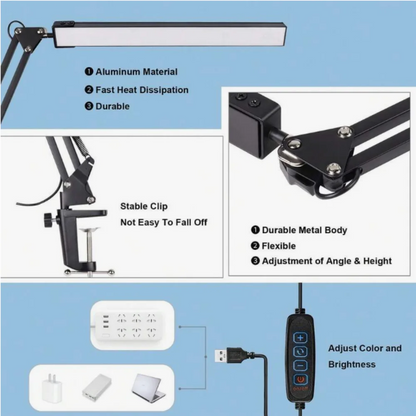 LED Desk Lamp For Home,Reading,Study,Adjustable Eye-Caring Desk Light with Clamp, 3 Color Modes,10 Brightness Table Light Office
