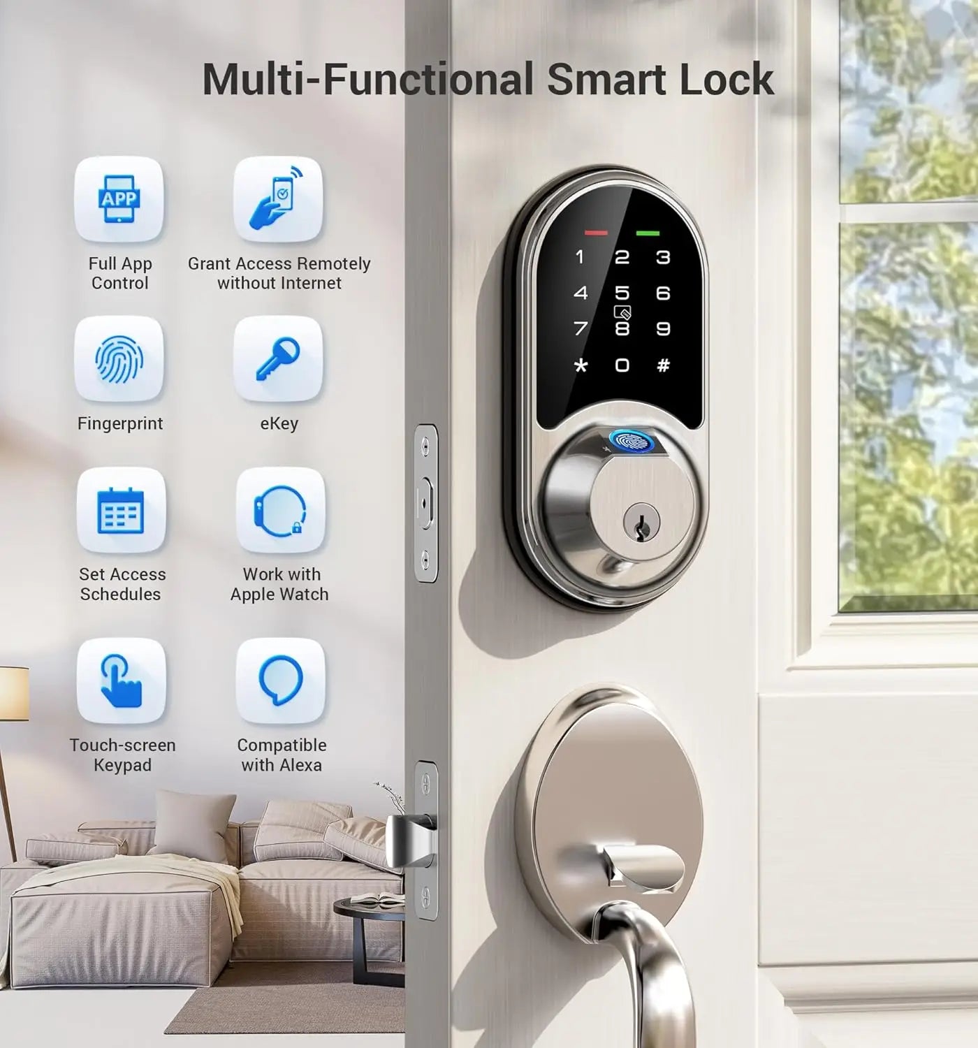 7-in-1 Fingerprint Smart Lock for Front Door, Keyless Entry with App Control, Touchscreen Keypad Deadbolt