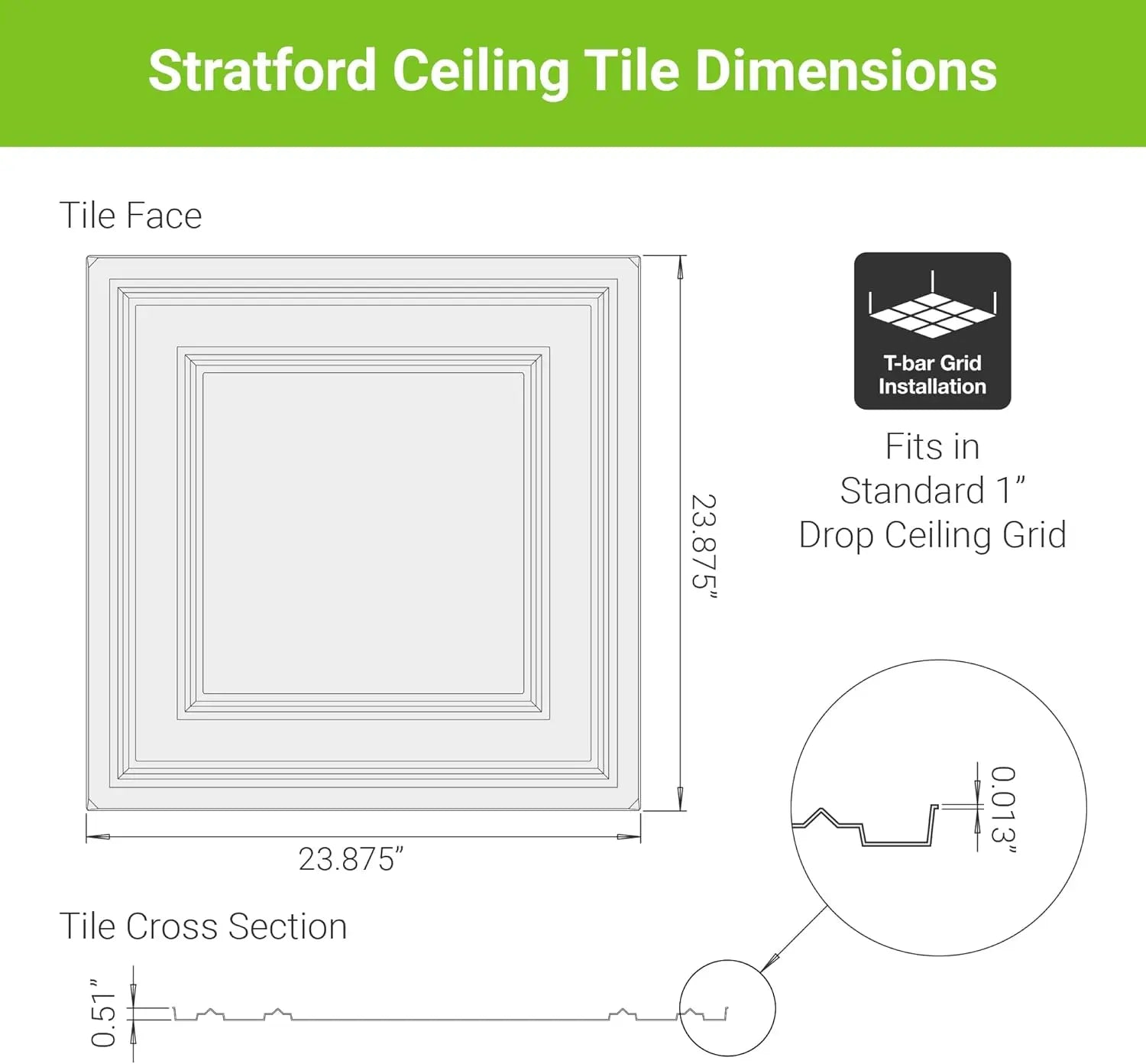 Drop Ceiling Tiles 2x2, Stratford Ultra-Thin Feather-Light for 1" T-Bar Grid, White