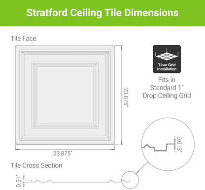 Drop Ceiling Tiles 2x2, Stratford Ultra-Thin Feather-Light for 1" T-Bar Grid, White