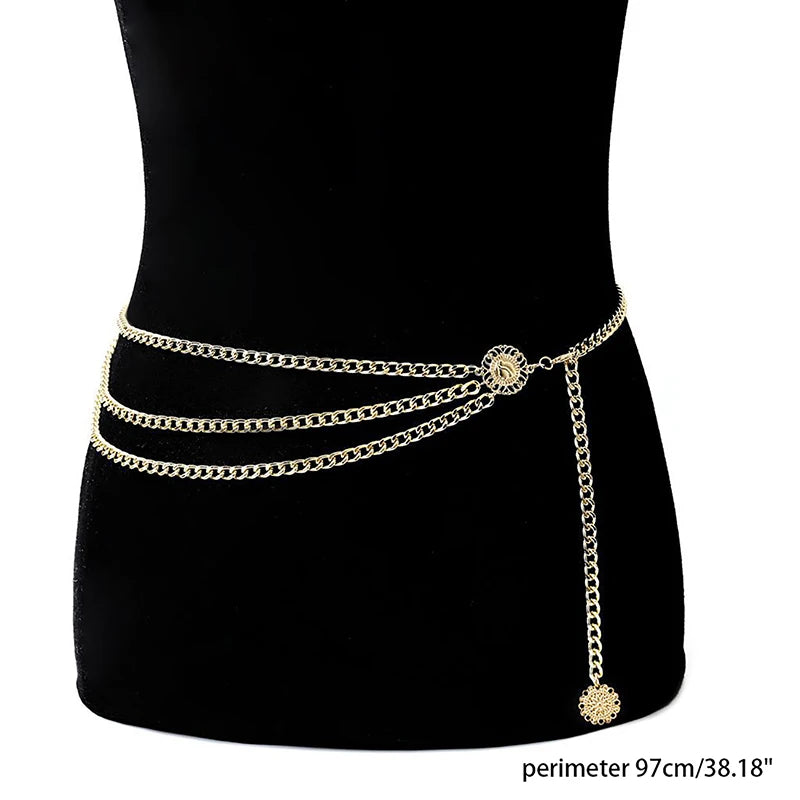 Women Fashion Belt Hip High Waist Gold Silver Narrow Metal Chain Chunky Fringes Crystal Diamond Waist Chain Corset Chain Belt