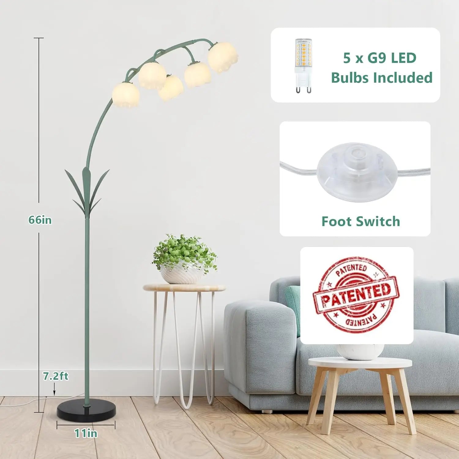 Elegant Arc Floor Lamp with Floral Design, Includes 5 LED Bulbs and Foot Switch for Living Room or Bedroom