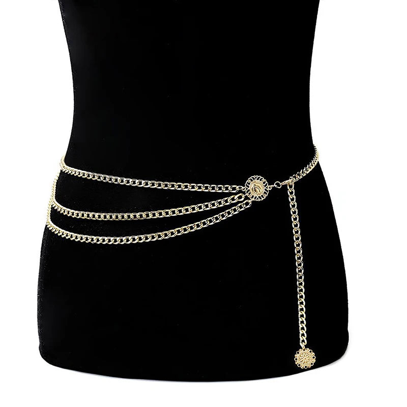 Women Fashion Belt Hip High Waist Gold Silver Narrow Metal Chain Chunky Fringes Crystal Diamond Waist Chain Corset Chain Belt