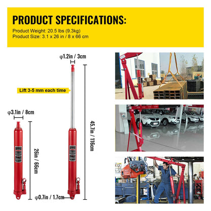 Hydraulic Long Ram Jack, 3 Tons/6600 lbs Capacity, with Single Piston Pump and Clevis Base, Manual Cherry Picker with Handle, for Garage/Shop Cranes, Engine Lift Hoist, Red