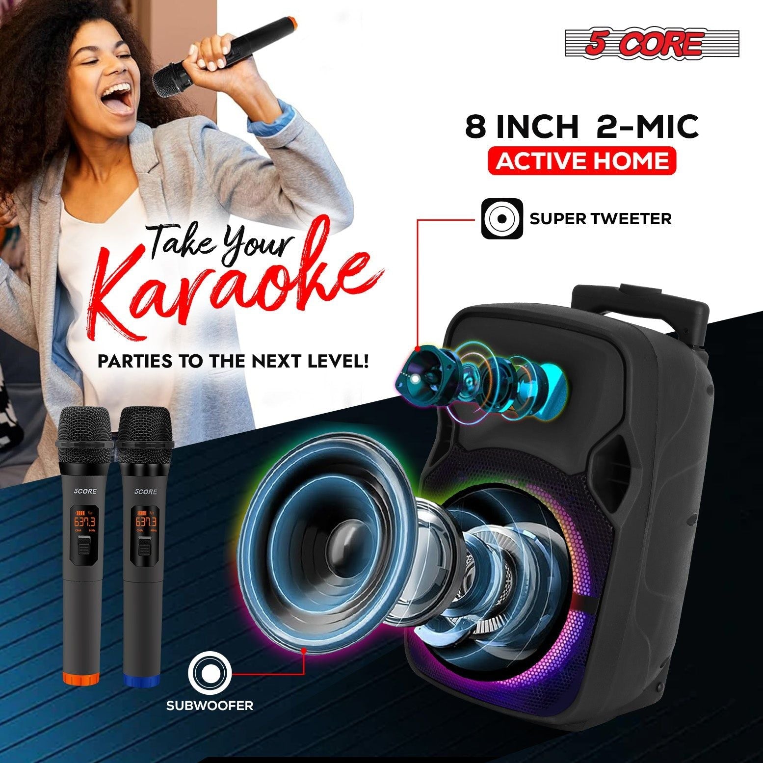 Party Starter Speaker Bluetooth 250W Big Monster Powered Rechargeable Outdoor PA DJ System w Disco Lights 2 Wireless Karaoke Mics Portable Rolling Speakers w Handle Black - ACTIVE HOME 8 2-MIC