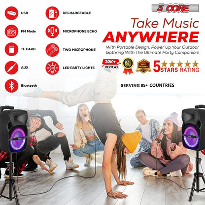 Party Starter Speaker Bluetooth 250W Big Monster Powered Rechargeable Outdoor PA DJ System w Disco Lights 2 Wireless Karaoke Mics Portable Rolling Speakers w Handle Black - ACTIVE HOME 8 2-MIC