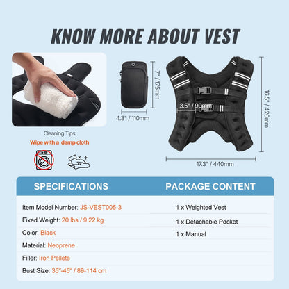 GoFly Weighted Vest, 20 lbs Weight Vest with Reflective Stripe, Adjustable Buckle Body Weight Vest for Men Women, Workout Equipment for Strength Training, Running, Jogging, Fitness, and Weight Loss
