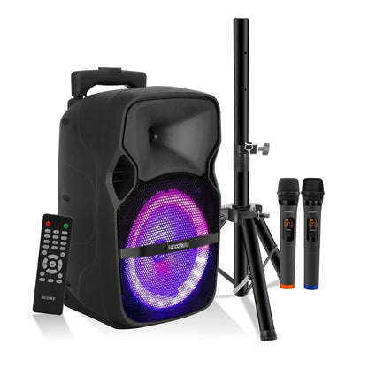Party Starter Speaker Bluetooth 250W Big Monster Powered Rechargeable Outdoor PA DJ System w Disco Lights 2 Wireless Karaoke Mics Portable Rolling Speakers w Handle Black - ACTIVE HOME 8 2-MIC