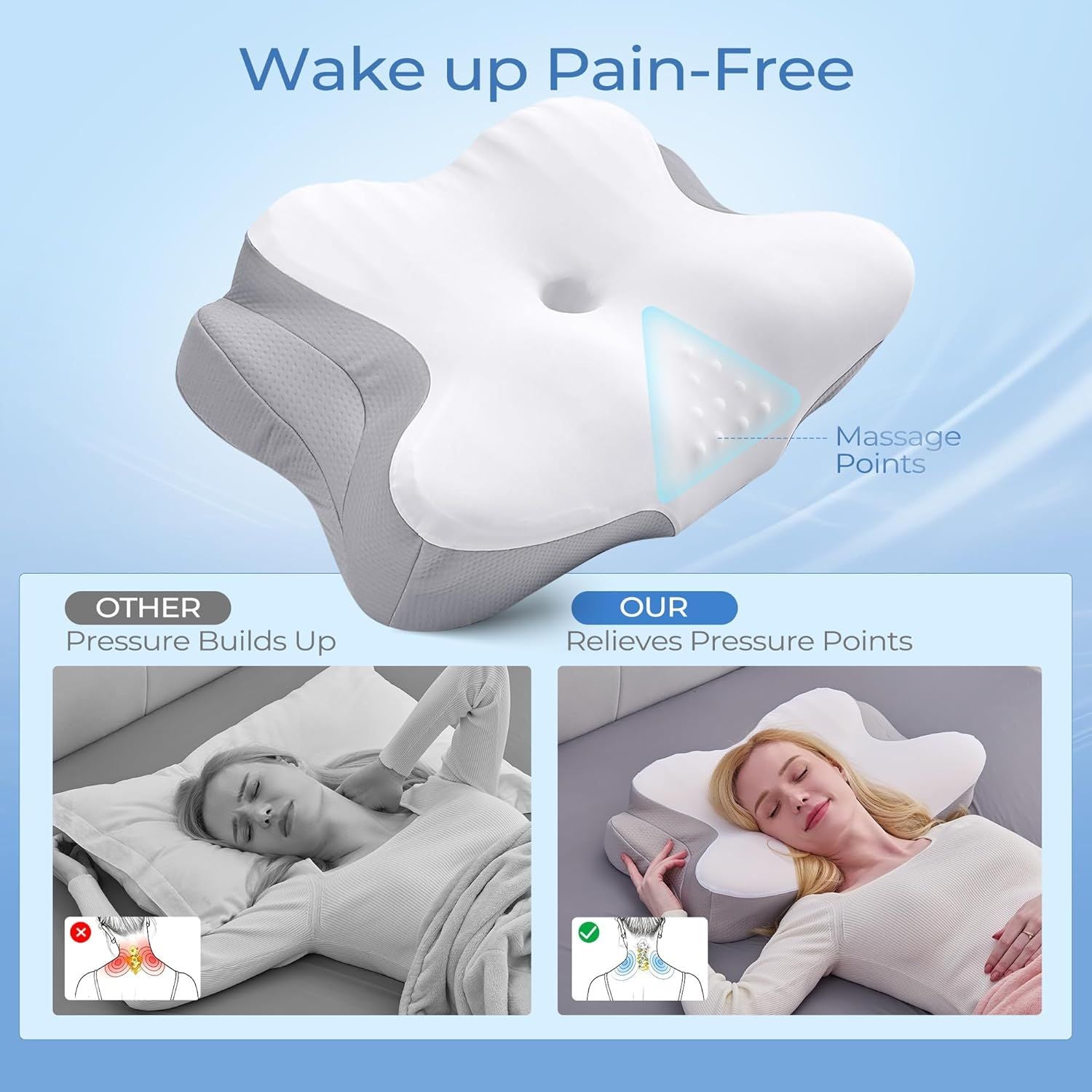 Ergonomic Cervical Neck Pillow for Sleeping – Memory Foam Pillow with Massage Nodes for Neck Pain Relief, Side Sleeper &amp; Back Support