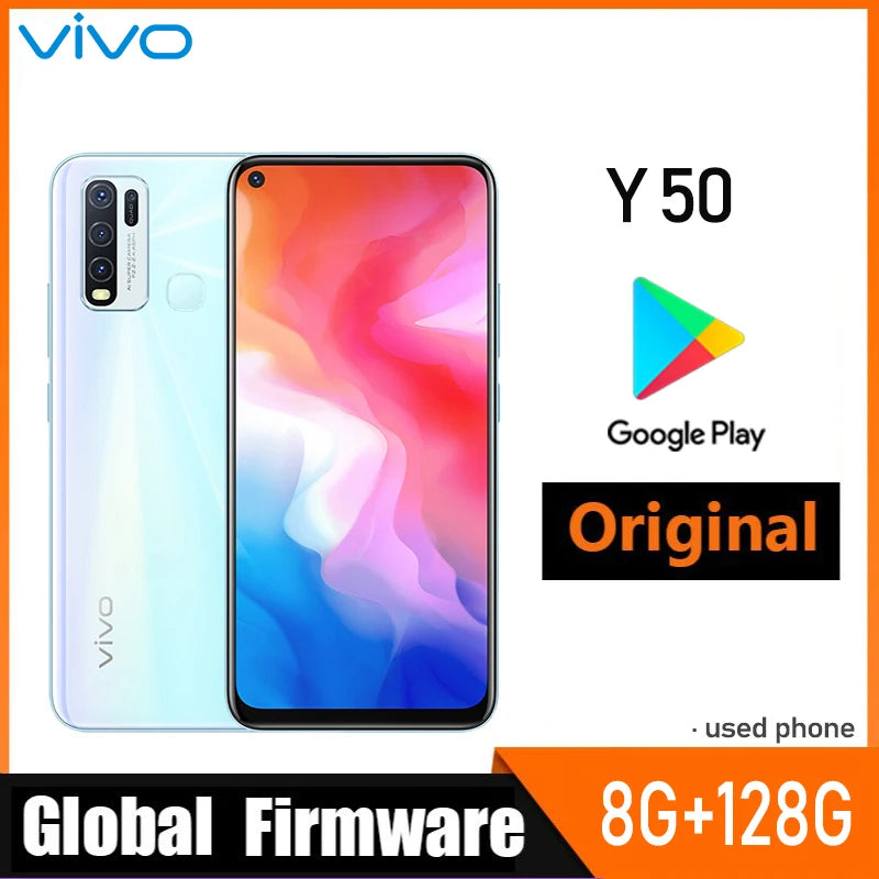 VIVO Y50 4G Smartphone Global Firmware Snapdragon 665 Octa Core 6.53" 5000mAh 8GB 128GB 16.0MP Cameras Y 5 Used Phone