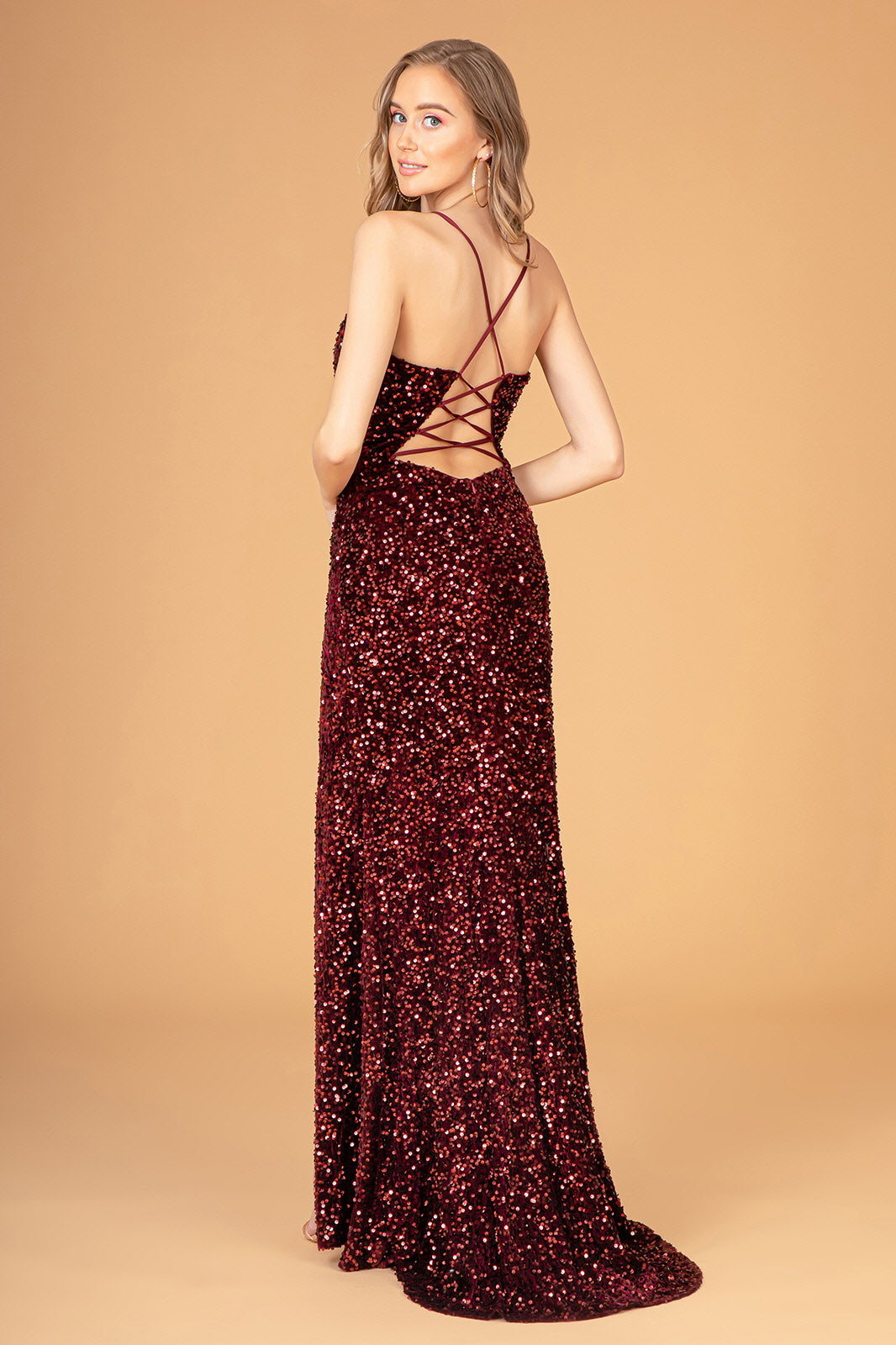 Sequins Embellished Velvet Sheath Gown w/ Leg Slit &amp; Spaghetti Straps GLGL3081